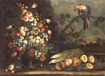 Stillleben, gemischte Blumen, Gemüse und Papagei