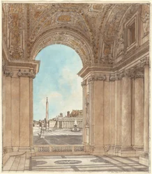 Der Petersplatz durch einen Bogen der Basilika gesehen