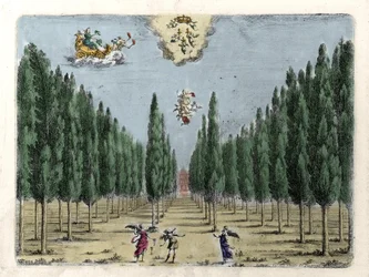 Illustration für die Oper in 5 Akten „La finta pazza“ (Die vorgetäuschte Verrückte) von Francesco Sacrati. Gravur von Jacopo Torelli