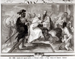 Die Begegnung des hl. Ignatius von Antiochien (gest. ca. 107 n. Chr.) und des hl. Polykarp von Smyrna (ca. 69-ca. 155 n. Chr.)