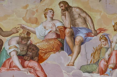 Juno, Jupiter, Cybele auf Wolken, über architektonischen Ruinen (Detail)