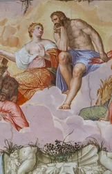 Juno und Jupiter auf Wolken, über architektonischen Ruinen (Detail)