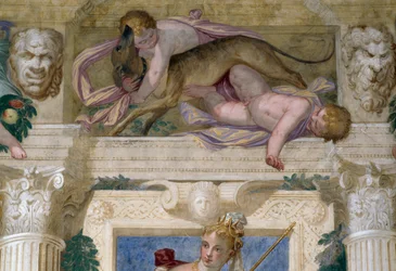Putti mit einem Windhund und Maskarons
