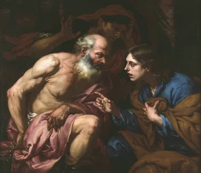 Joseph interpretiert den Traum des Bäckers und des Mundschenks, von Giovan Battista Langetti (1635-1676). Öl auf Leinwand, zwischen 1660 und 1670. Dimension: 109x126 cm. Muzeul National Brukenthal, Sibiu