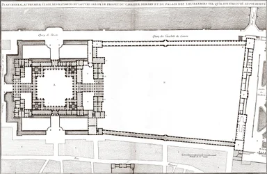 Generalplan nach Berninis Entwurf für den Louvre und die Tuilerien in „Francoise Architecture“ von Jacques-Francois Blondel.