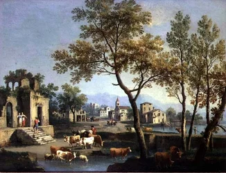 Eine Dorfstraße mit Bauern und Vieh