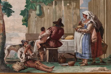 Bauernfamilie am Tisch, aus dem Raum der rustikalen Szenen, in der Foresteria (Gästehaus) 1757 (Fresko)