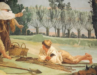 Bauern beim Ausruhen, von Giandomenico Tiepolo (1727-1804), Fresko (Detail), Villa Valmarana ai Nani, Vicenza