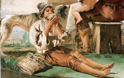 (Detail) Bauernfamilie am Tisch, aus dem Raum der ländlichen Szenen, in der Foresteria, 1757