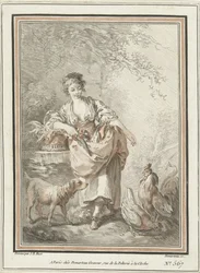 Junge Frau mit Hund und Hahn und Henne