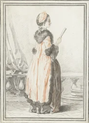 Stehende Frau mit Fächer in der Hand