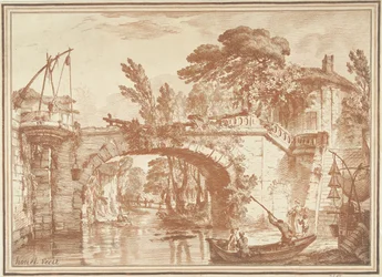 Südliche Landschaft mit Brücke und Häusern am Fluss