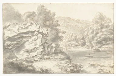 Felsen und Fluss in Hügellandschaft