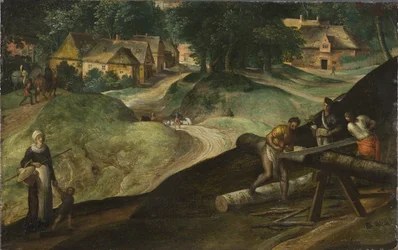 Landschaft mit Männern, die Holz sägen