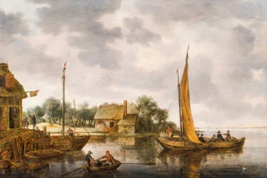 Flusslandschaft mit einer Fähre, ca. 1640er