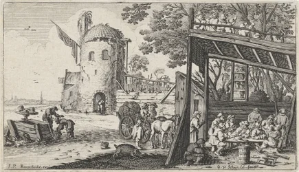 Boeren rond een tafel in een schuur (de Smaak)