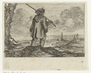 Dünenlandschaft mit einem Mann, mit Stab auf der Schulter