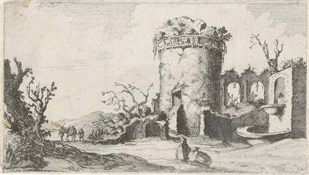 Brunnen bei einer Ruine mit einem runden Turm