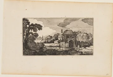 Teich vor Holzbrücke und einem Haus, aus Zwölf Landschaften mit Figuren