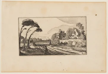Straße links von einem wasserumgebenen und ummauerten Landhaus, aus Zwölf Landschaften mit Figuren