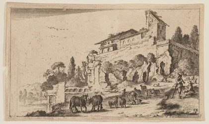 Villa mit Ruinen auf einem Hügel rechts des Flusses, aus Zwölf Landschaften