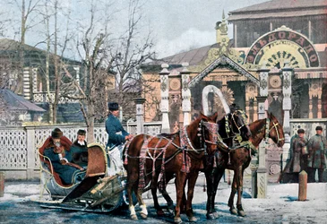 Eine Troika-Schlittenfahrt in Moskau, Russland, um 1890