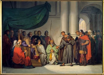 Erster Kreuzzug: Der östliche Kaiser Alexios Komnenos empfängt Peter den Einsiedler, der ihn im August 1096 in Konstantinopel zur Teilnahme am Kreuzzug auffordert