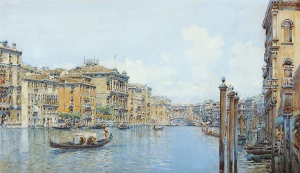 Der Canal Grande mit Blick auf den Palazzo Papadopoli vor der Rialto-Brücke