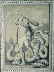 Herkules schneidet die sieben Köpfe der Hydra ab