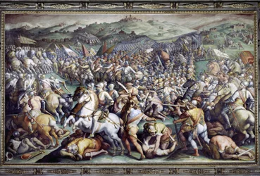 Schlacht von Scannagallo in Valdichiana (Val di Chiana). Fresko von Giorgio Vasari und seinem Atelier (1511-1574). Palazzo Vecchio (Salone dei Cinquecento)