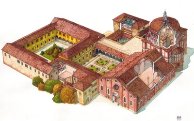 Luftaufnahme der Kirche Santa Maria delle Grazie, gegründet 1463 von den Dominikanern in Mailand, Italien. Im Refektorium ist das Abendmahl von Leonardo da Vinci sichtbar