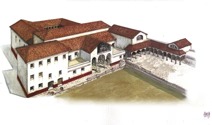 Antikes Rom: Rekonstruktion der Villa des Löwen (Casa oder Domus dei Leoni) in Ostia Antica (Ostia), 3. Jahrhundert v. Chr. Italien. Illustration von Giorgio Albertini.