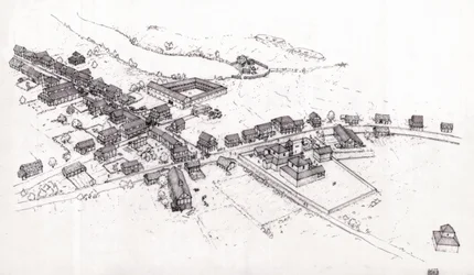 Antikes Rom: Rekonstruktion eines Dorfes in römischem Britannien (Britannia oder Insel Britannien) im 2. Jahrhundert. Illustration von Giorgio Albertini