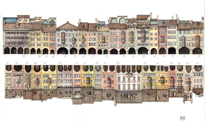 Architektur: Flache Ansicht der Via dei Portici, überdachte Galerie mit Portikus, zusammen mit bunten Häusern, aus der Stadt Bozen, Italien. Illustration von Giorgio Albertini.