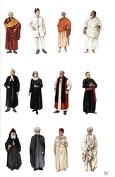 Kostüme und Kleider von Mitgliedern des Klerus verschiedener Religionen, buddhistischer Mönch, orthodox, Kardinal, protestantischer Pastor