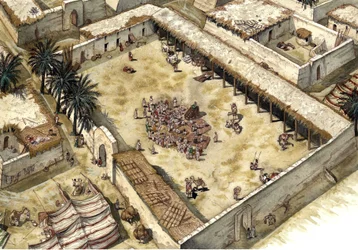 Das Haus des Propheten Muhammad nach seiner Ankunft in Medina 622, Saudi-Arabien. Der Prophet ist sichtbar, sein Gesicht bedeckt. Illustration von Giorgio Albertini.