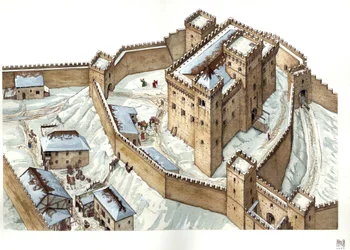 Mittelalterliche Architektur: Rekonstruktion der Burg der Stadt Udine im 14. Jahrhundert. Italien. Illustration von Giorgio Albertini