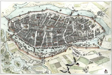 Mittelalter: Luftansicht der Stadt Lübeck in Deutschland mit Straßenplan, der ihre geografische Lage auf einer Insel am Zusammenfluss von Wakenitz und Trave zeigt. 15. Jahrhundert. Deutschland. Illustration von Giorgio Albertini. (Die Verwendung des Werks