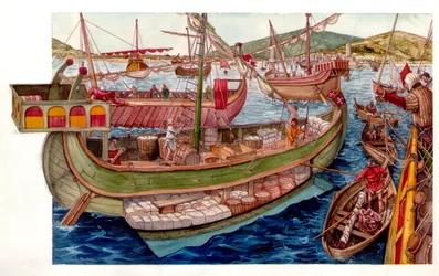 Mittelalter: Handelsaktivitäten, Beladung von Schiffen im Hafen der Stadt Pisa. Italien 13. Jahrhundert