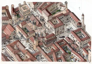 Mittelalter: Rekonstruktion des historischen Barri Gotic Viertels in Barcelona im 14. Jahrhundert. Die Kathedrale Sainte-Eulalie ist sichtbar. Spanien Illustration von Giorgio Albertini