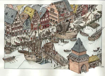 Ansicht der Handelsaktivitäten um den Hafen in Lübeck, 14. Jahrhundert, Deutschland