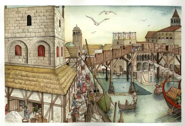 Mittelalter: Blick auf die Rialtobrücke im 11. Jahrhundert und Aktivitäten in Venedig, Italien
