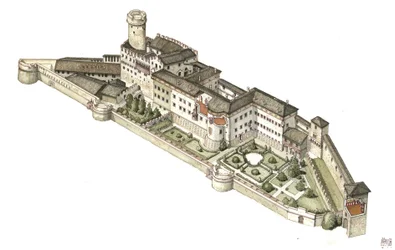 Rekonstruktion der Burg Buonconsiglio, ehemalige Residenz der Fürstbischöfe von Trient. Italienische Illustration von Giorgio Albertini.