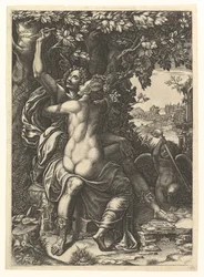 Angelica und Medoro, das Paar umarmt sich, Medoro schnitzt ihre Namen in die Rinde eines Baumes, ca. 1570