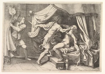 Tarquin greift Lucretia an, ein Diener links beobachtet die Szene, ca. 1540