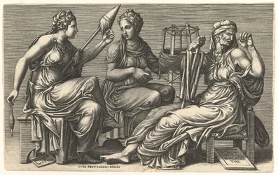 Die drei Schicksalsgöttinnen Klotho, Lachesis und Atropos, 1558-59