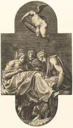 Drei Musen und ein Putto mit einer Lyra, aus einer Serie von acht Kompositionen nach Fran..., 1560er Jahre