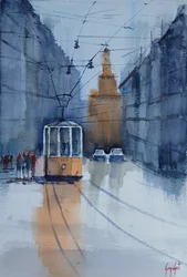 Straßenbahnreflexionen in Bologna
