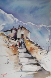 Verschneiter Pfad zur Hütte