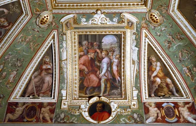 (Detail) des Raumes von Cosimo de Medici, der sich selbst mit Sante Bentivoglio, dem Gouverneur der Stadt Bologna, darstellt (Fresko)